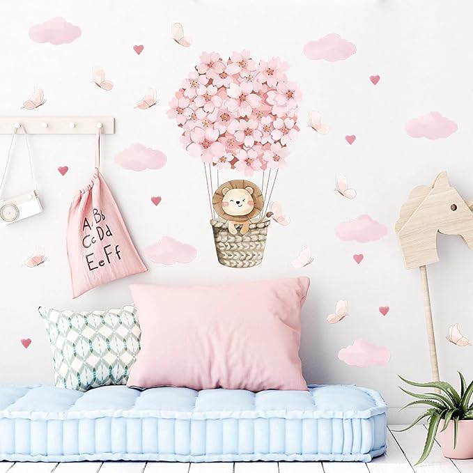 Cute Lion Cub Hot Air Balloon Wall Stickers, sacinora Pink Butterfly Cloud Love Heart DIY Wall Decals Removable Vinyl Peel and Stick for Kids Baby Girl Nursery Bedroom Toddler Room Art Decorations