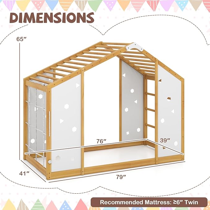 Giantex Twin Size Montessori Floor Bed, 3-in-1 Indoor Kids Jungle Gym Playground with Climbing Slide Swing Net, Monkey Bars, Wood House Bed Frame with Playset for Boys Girls, Natural+White