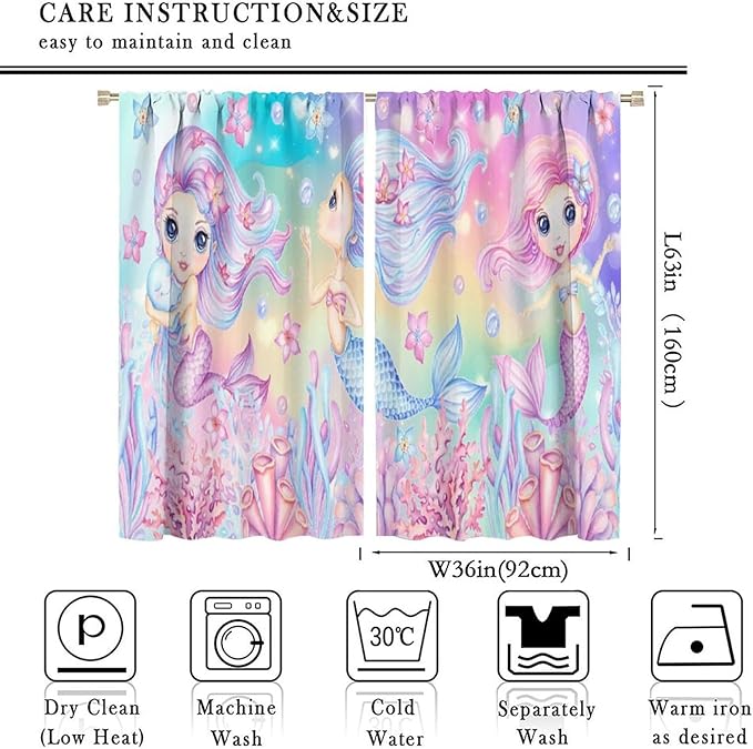 Cartoon Mermaid Kids Curtain Fantasy Ocean Theme Coral Flower Floral Window Treatment for Kids Girls Bedroom Nursery Room Decor Rod Pocket Blackout Window Drapes 72x63in