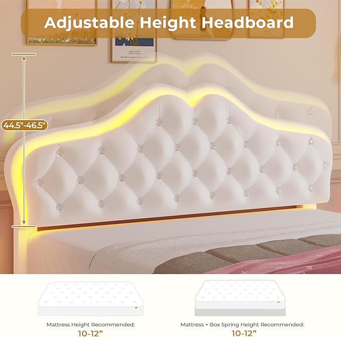 ADORNEVE Queen Bed Frame with RGB LED Lights, Princess Bed Frame with Adjustable Crystal Button Headboard, Velvet Upholstered Platform Bed for Girls, Solid Wooden Slats, Easy Assembly, Creamy White