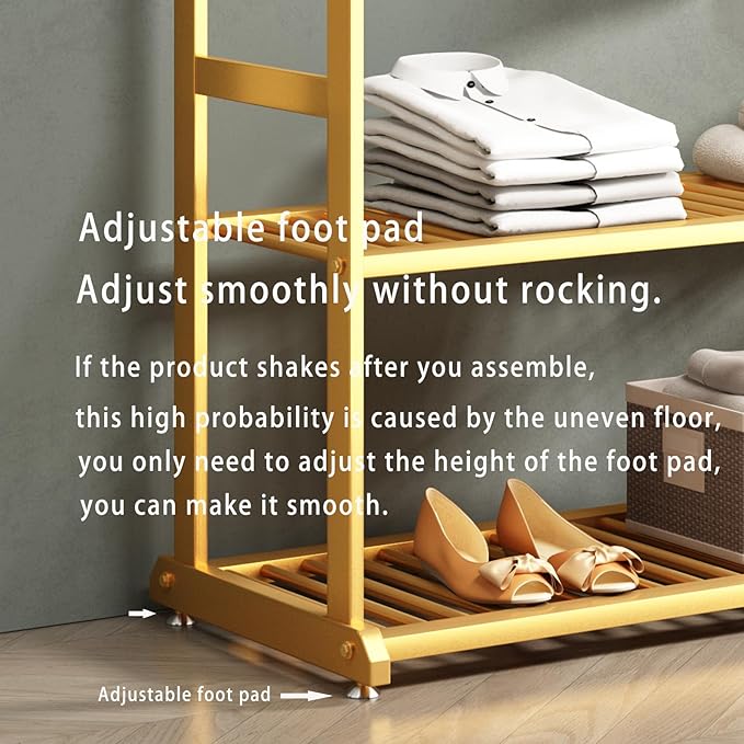 Gold clothing rack,Heavy duty clothes rack with bottom shelves and 6 side hooks,Wardrobe rack for bedroom,Metal garment rack for hanging clothes,Coats,Shirts(L:31.5in)