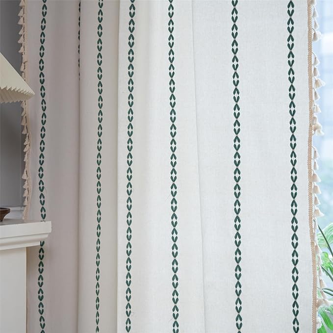 Deeprove Emerald Green Boho Curtains 96 inches Long for Bedroom Living Room, Vintage Bohemian Embroidery Cotton Striped Linen Country Tassel Window Treatments Christmas Decor, W52 x L96, 1 Panel