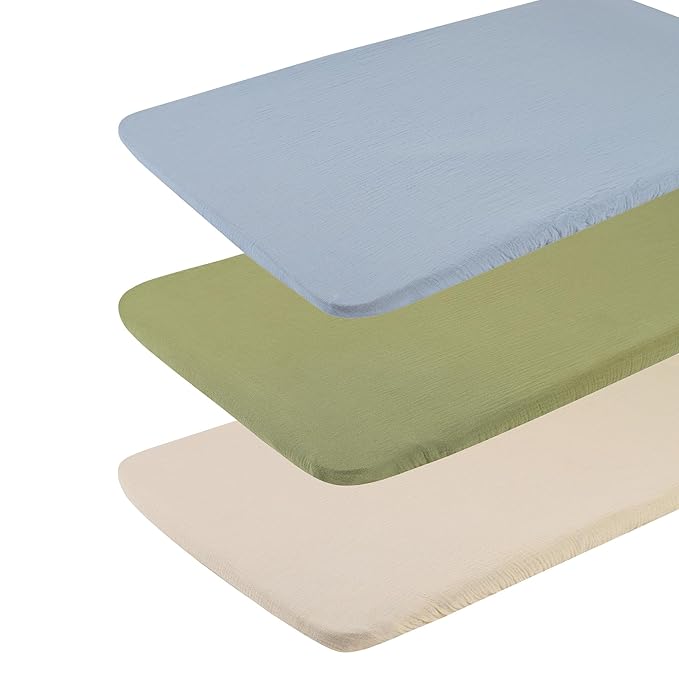 Onacosht Muslin Bassinet Sheets 3 Pack, 100% Cotton Baby Fitted Sheet 33" X 17" for Standard Rectangle Round Oval and Hourglass Bassinet Mattress, Beige Green and Blue