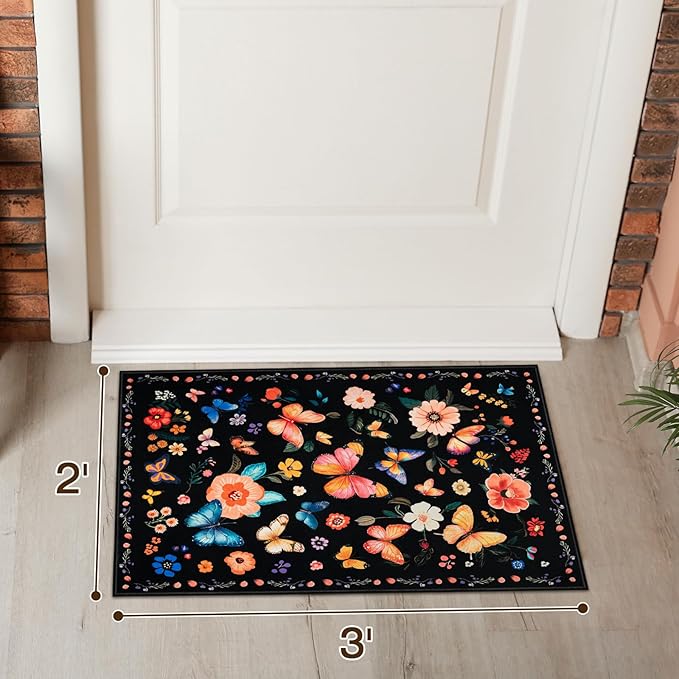 2x3 Machine Washable Area Rug, Non-Slip Small Vintage Floral Entryway Rug for Front Door, Low Pile Indoor Door Mat for Entryway, Bedroom, Dining Room & Kitchen(2x3 Black Floral)
