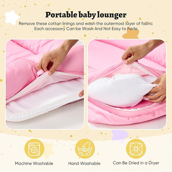 Miereirl Baby Lounger for Newborn, Dock A Tot & Baby Lounger Pillow with Soft Cotton, Infant Lounger for 0-24 Months, Baby Nest Lounger, Essentials Gifts Nest Cover - Pink