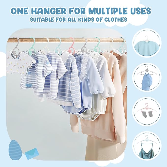 50 Pack Kids Hangers for Nursery Closet, Adjustable Non-Slip Toddler Baby Hangers with Windproof Buckle, 11-14" Infant Child Plastic Clothes Pant Hanger for Boys Girls Newborn Adult, Multi