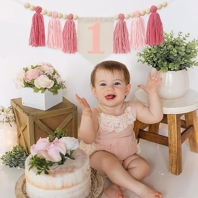 Boho Pink Handmade 1st Birthday High Chair Banner for Baby Girls Wild One Wall Hangings First Highchair Banner Wood Bead Tassel Garland Photoshoot Props Photo Props1 Birthday Party Decorations