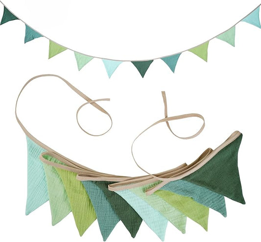 Fabric Bunting Banner, 2 Pack Handmade Neutral String Banner Each 8.5 ft 10 Flags Nursery Wall Hanging Wedding Birthday Home Baby Shower Party Decoration Bunting (Green)