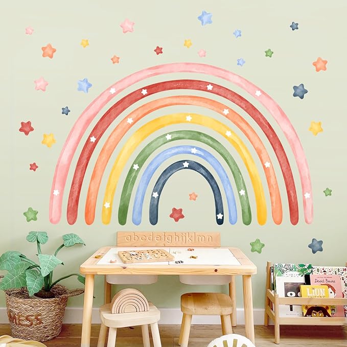 Tanlaby 56" X 43" Large Rainbow Wall Stickers Watercolor Stars Wall Decals Peel and Stick Colorful Art Decor for Baby Nursery Girls Bedroom Kids Playroom Daycare Classroom