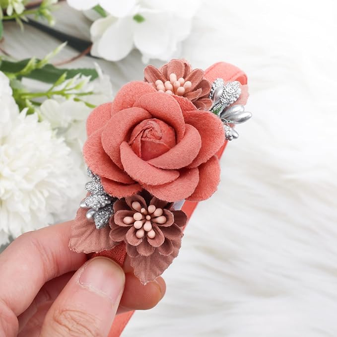 Flower Headbands for Girls Kids Toddlers Rose Floral Headpiece Non Slip Elegant Wedding Flower Crown Hairband Spring Summer Fashion Cloth Headdress Accessories for Birthday Party (Red)