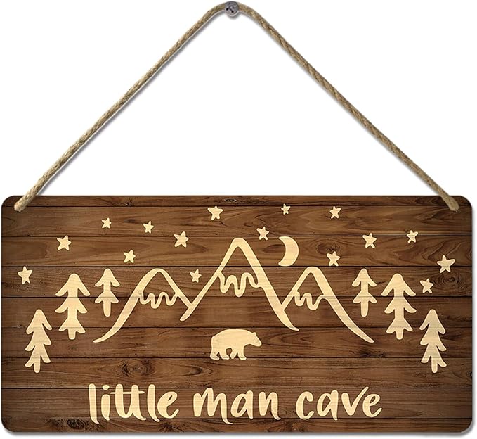 Little Man Cave Sign Woodland Nursery Wall Decor for Baby Boys Rustic Bear Forest Animal Wood Signs, Nursery Room Decor for Boys Bedroom Farmhouse Sign Wooden Wall Art 12x6 Inch