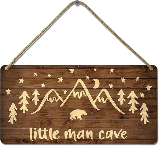 Little Man Cave Sign Woodland Nursery Wall Decor for Baby Boys Rustic Bear Forest Animal Wood Signs, Nursery Room Decor for Boys Bedroom Farmhouse Sign Wooden Wall Art 12x6 Inch