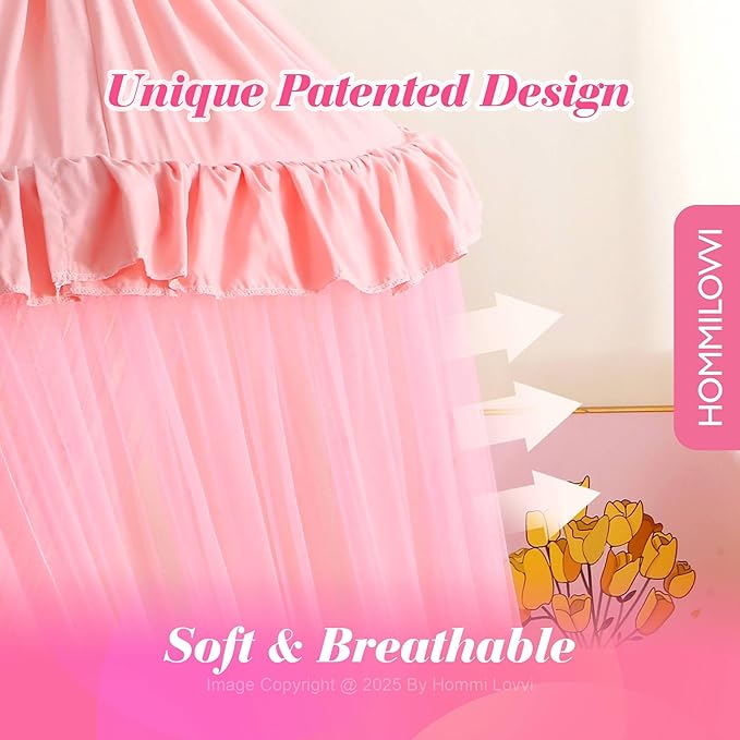 Pink Bed Canopy for Girls with Stars Lights, Princess Canopy Bed Curtains for Twin, Full, Queen Size Bed Hanging Canopy for Girls Room Decor, Kids Sheer Canopy Curtain