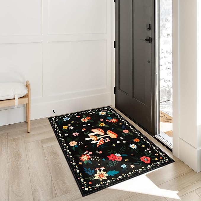3x5 Machine Washable Area Rug, Non-Slip Small Vintage Floral Washable Rug for Girls, Low Pile Carpet for Living Room, Entryway, Bedroom & Dorm Room(3x5 Black Mushroom)