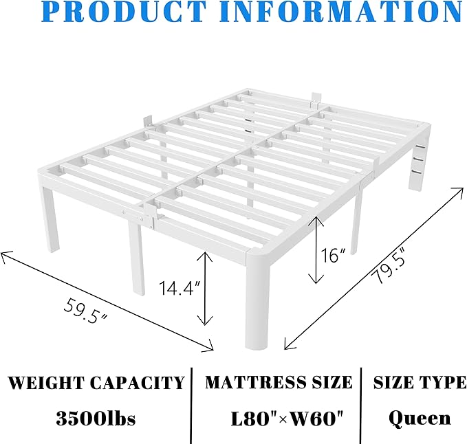 16 Inch White Bed Frame Queen Size, Metal Platform Queen Bed Frame with Anti-Slip Baffles, No Box Spring Needed, Heavy Duty Steel Support, Round Corner Legs, Noiseless, Storage Space