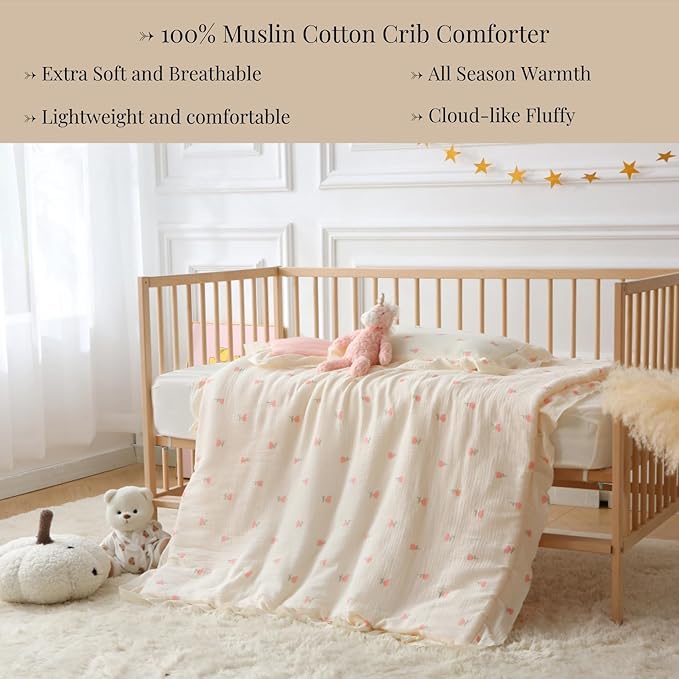 100% Cotton Muslin Crib Comforter/Quilt,Ultra Soft Cozy Reversible Baby Blanket,All Season Toddler Blankets for Boys and Girls, Machine Washable,41"x48"