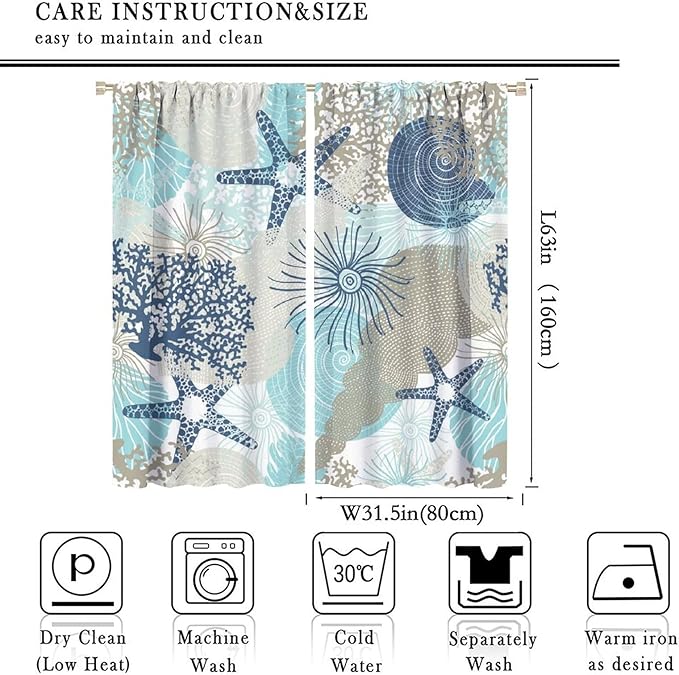 Coastal Curtains Ocean Beach Themed Room Darkening Window Curtain Nautical Coral Blackout Curtain for Bedroom Living Room Bathroom Nursery Set 2 Panels,63x63 Inches