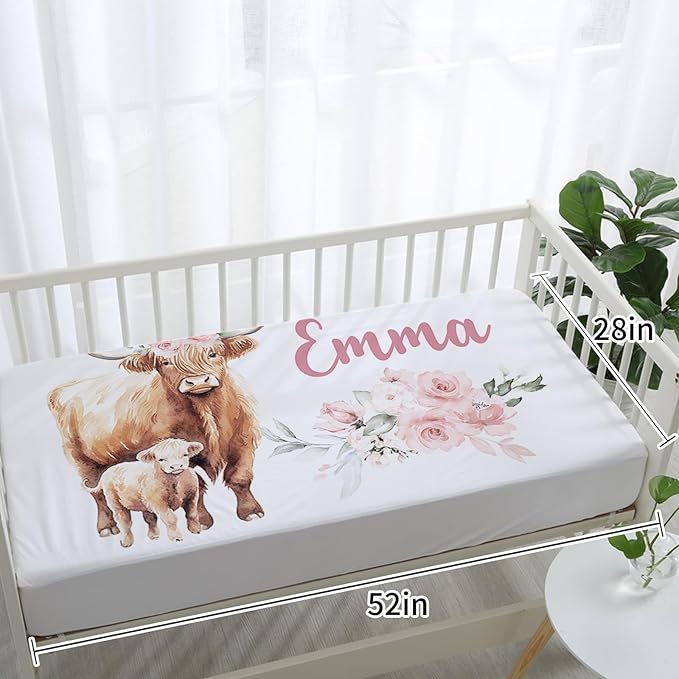 Custom Baby Crib Bedding Set - Pink Highland Cow Design Personalized Name Baby Nursery Bedding 3 Pcs Set - Chic Soft Blanket, Fitted Sheet, Room Rug for Newborns Boys Girls Gifts
