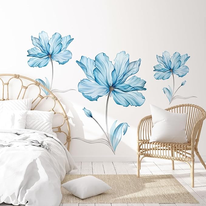 Tanlaby Large Blue Flowers Wall Stickers Transparent Watercolor Floral Wall Decals Peel and Stick Art Decor for Girls Bedroom Living Room Office Sofa Backdrop