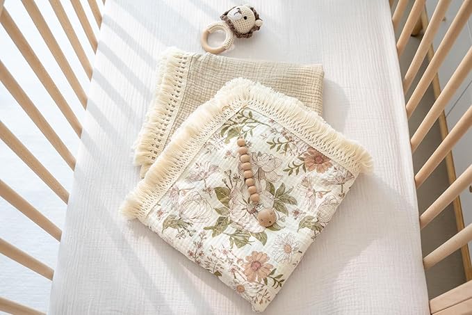 Little Jump Cotton Muslin Swaddle Blankets with Tassel, Boho Bohimia Muslin Baby Blanket Neutral with Fringe, Vintage Teddy Bear Nursery Decor Muslin Throw Blanket 47" x40" (Vintage Blossom)