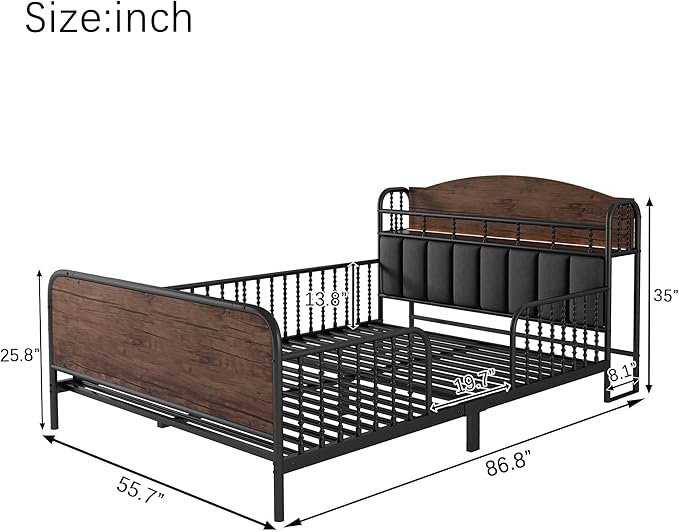 Ball & Cast Full Size Toddler Bed W/LED Light,Metal Bed W/Linen Fabric Upholstered Storage Headboard,Platform Bed Frame W/Safety Guardrails & Low Profile Design,for Boys Girls,Black