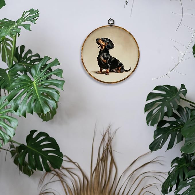 Hiuwevt Vintage Dachshund Round Wall Art Decor, Dachshund Lovers Gifts Framed Canvas Prints, Wiener Dog Gifts Round Wall Hanging Decor for Bedroom Home Living Room Decorations, 10x10 Inches
