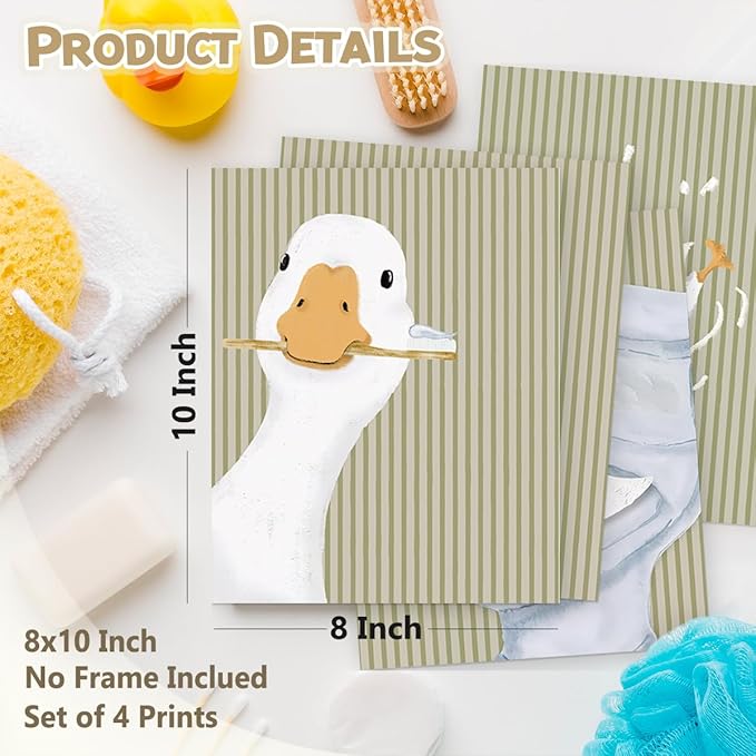 Wheatwin Kids Bathroom Decor, Goose Nursery Animal Poster Prints, Bathroom Wall Decorations for Kids Toddler Boys Girls Toilet Washroom Farmhouse, 8x10 Unframed 4Pcs - Sage Green