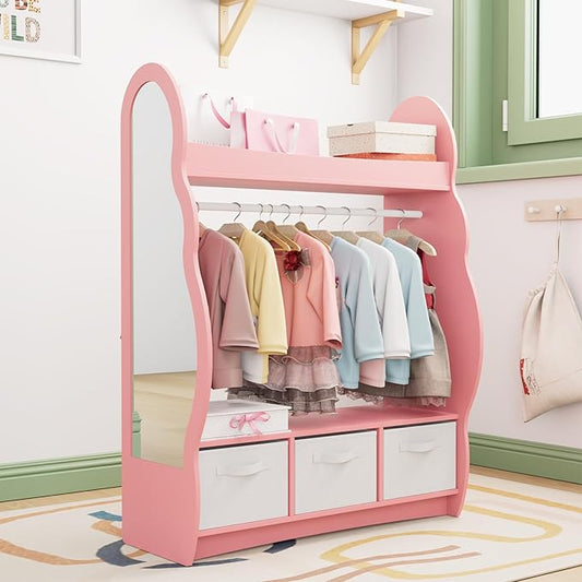 Kids Dress Up Storage Rack Mirror Wood Child Wardrobe 2 Hooks 2 Fabric Bins Toddler Closet Girls Boys Open Hanging Armoire Storage Shelf Coat Costume Hat Shoe (Cloud+Pink+Three Drawers)