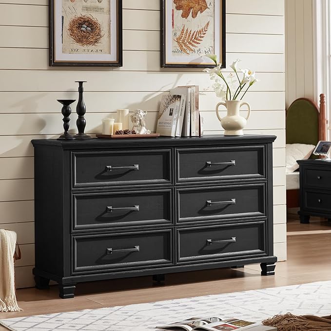 Farmhouse Wood 6 Drawer Dresser Set of 2, 54 inch Wide Large Vintage Chest of Drawers for Bedroom, Rustic Dressers TV Stand with Square Solid Wooden Legs for Living Room, Hallway, Black