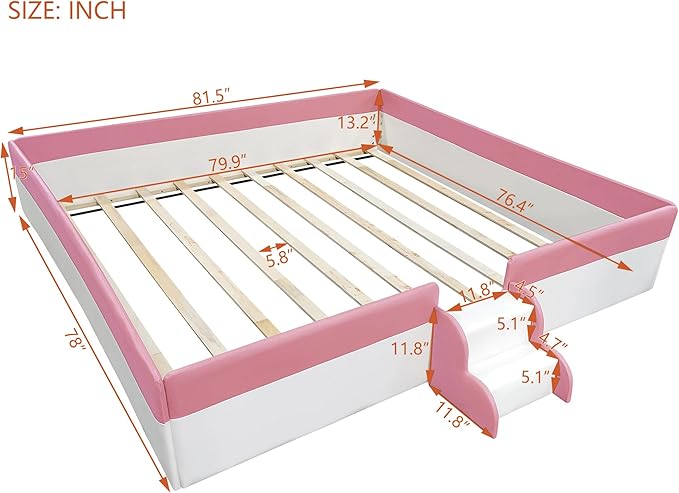 King Size Upholstered Daybed Frame with Fence and Stairs, Montessori Kids Floor Bed with Sturdy Slat Support for Kids Boys Girls