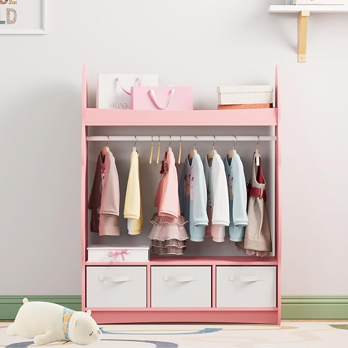 Kids Dress Up Storage Rack Mirror Wood Child Wardrobe 2 Hooks 2 Fabric Bins Toddler Closet Girls Boys Open Hanging Armoire Storage Shelf Coat Costume Hat Shoe (Cloud+Pink+Three Drawers)