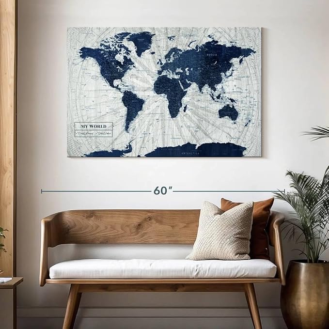 ElephantStock - My World Push Pin Map V Wall Art - Horizontal Canvas Wall Art - Living Room Wall Decor - Unique Map Canvas Art - Gray And Blue Decor - 48" x 32"