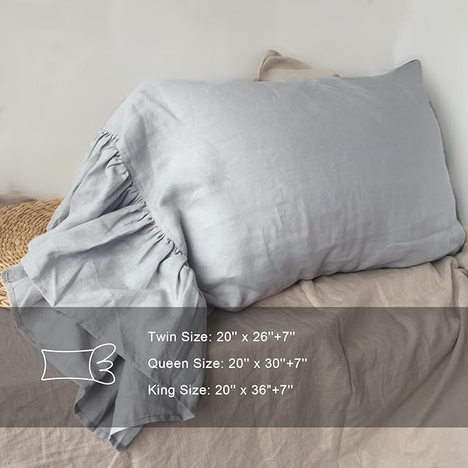 Ruffles Linen Pillowcase. Pure Flax Pillow Sham 100% French Linen Ruffled Pillow Cover, Standard, Queen, King Size 1 PCS (King, Silver)