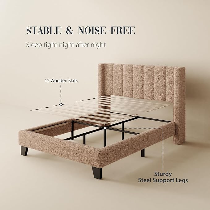 Full Bed Frame with Headboard Upholstered Platform Bed Frame with Teddy Velvet Headboard, Wooden Slats Support/Wing Edge Design/No Box Spring Needed/Easy Assembly, Brown Full