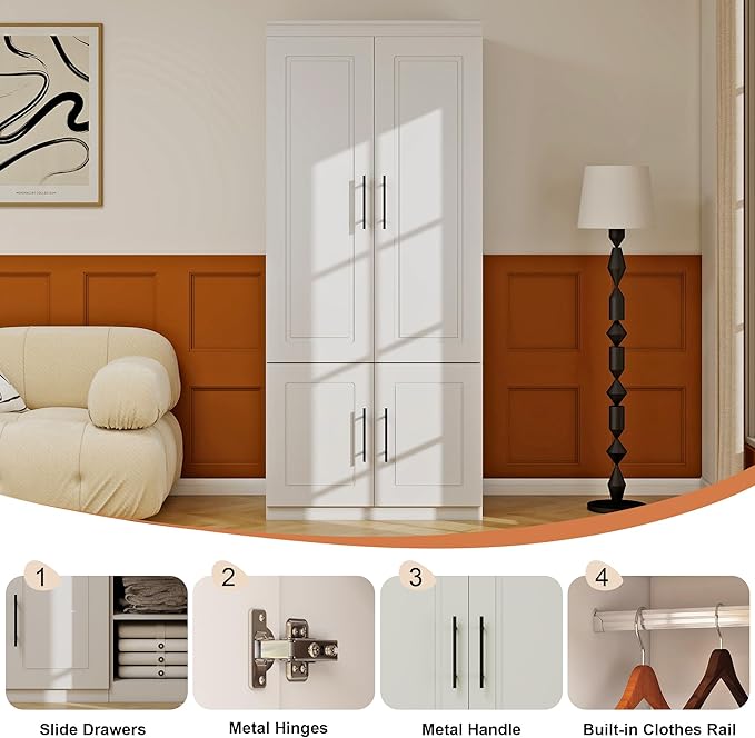 Armoire Wardrobe Closet with 2 Door, White Wood Wardrobe Closet Cabinet Wooden Bedroom Armoire with Hanging Rods & Shelves for Home/Bedroom/Living Room Style-52