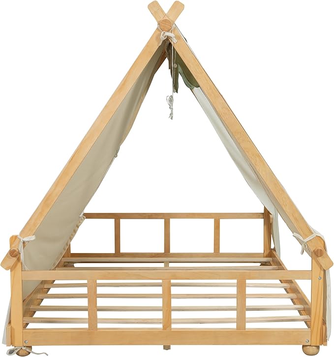 Montessori Floor Bed Full with Tent & Light, Wood Full House Beds for Kids, DIY Playhouse, Low-Profile Teepee Bed, Playful Indoor Adventure & Sleep for Girls Boys,Natural+White