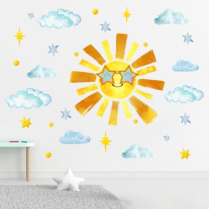 Mfault Sun Sunshine Wall Decals Stickers, Cute Watercolor Cloud Stars Nursery Decorations Kids Bedroom Art, Neutral Toddlers Room Playroom Decor