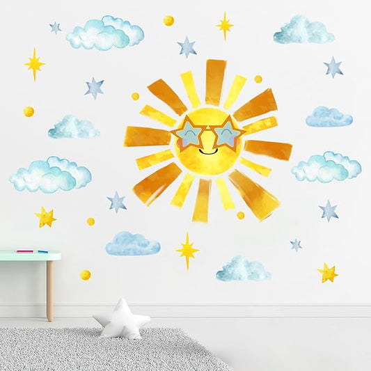 Mfault Sun Sunshine Wall Decals Stickers, Cute Watercolor Cloud Stars Nursery Decorations Kids Bedroom Art, Neutral Toddlers Room Playroom Decor