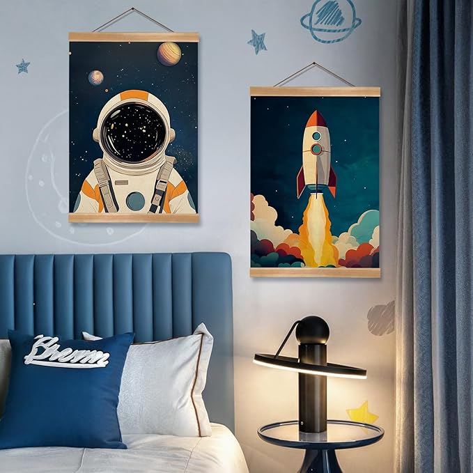 Astronauts and Rockets Poster Wall Art set of 2, Universe Wall Decor Wood Hanger, Spaceship Classroom Decor, Outer Space Planets Poster for Boys and Girls Nursery, Bedroom, Playroom, Toddler and Kids Room(Space travel-02)