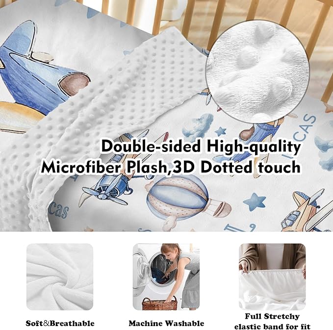 Custom Baby Crib Bedding Set - Toy Airplane Design Personalized Name Baby Nursery Bedding 3 Pcs Set - Chic Soft Blanket, Fitted Sheet, Room Rug for Newborns Boys Girls Gifts