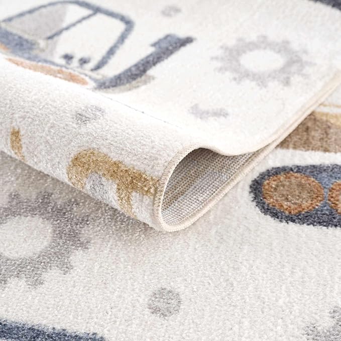 Hauteloom Mochi Kids Room, Nursery Machine Washable Area Rug - Construction Vehicles Machines - Cream, Brown, Beige - 5'3" x 7'