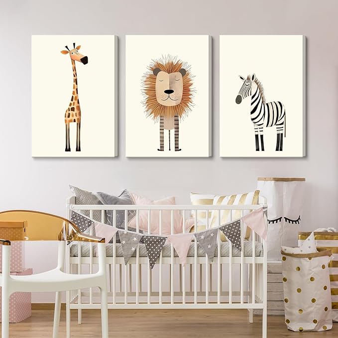 Safari Nursery Wall Art Baby Animal Canvas Wall Decor Cute Giraffe Lion Zebra Jungle Pictures Prints Posters for Baby Boy Girl Children's Room Bedroom Home Decorations 16x24inx3 Framed