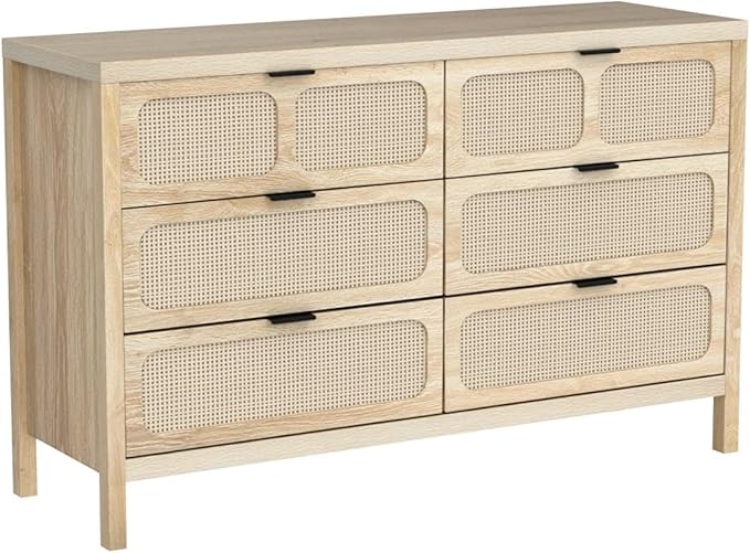 LEVNARY 6 Drawer Dresser for Bedroom, Rattan Dresser Drawer Organizer with Metal Handles, Accent Wood Chest of Drawers for Entryway, Closet, Living Room, Hallway, Nursery (Oak)