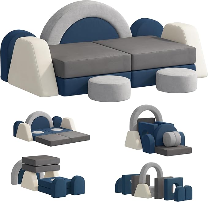 12 PCS Modular Kids Play Block Couch Child Sectional Soft Sofa Toddler Building Fortplay Climbing Bedroom Playroom Baby Convertible Floor Foam Cushion for Boys & Girls (Grey+Beige+Blue)