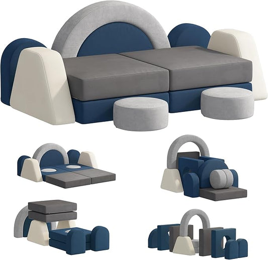 12 PCS Modular Kids Play Block Couch Child Sectional Soft Sofa Toddler Building Fortplay Climbing Bedroom Playroom Baby Convertible Floor Foam Cushion for Boys & Girls (Grey+Beige+Blue)