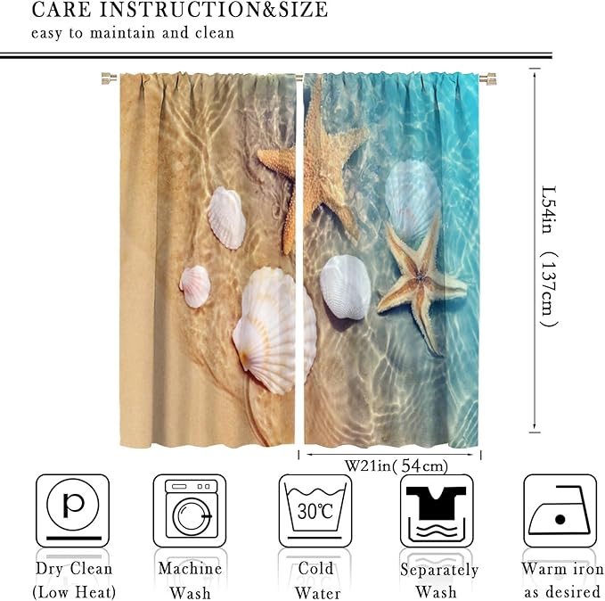 Beach Curtain for Bathroom Decor，Sea Turtle Starfish Seashell Nautical Ocean Coastal Scenery Art Printed Fabric Polyester Waterproof Set 2 Panels,42x54 Inches
