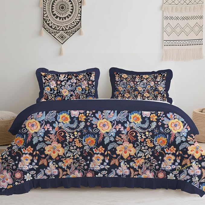 MAGRACE Ruffle Duvet Cover King Size 100% Cotton,3pc Linen Feel Boho Vintage Ruffled Quilt Cover Set French Country Rustic Cornflower Blue Comforter Cover Aesthetic Soft Bedding Set