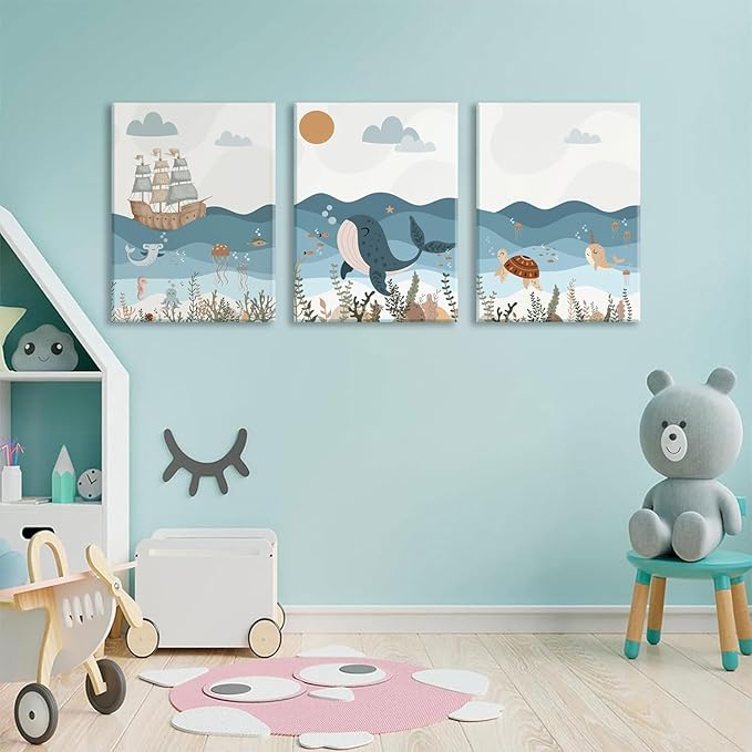 LYPHNX Framed Blue Ocean Nautical Nursery Canvas Wall Art Sea Turtle Whale Animal Painting Picture Set of 3 Kids Prints Poster Wall Decor for Baby Boys Girl Children's Room Bedroom Bathroom 16"x24"