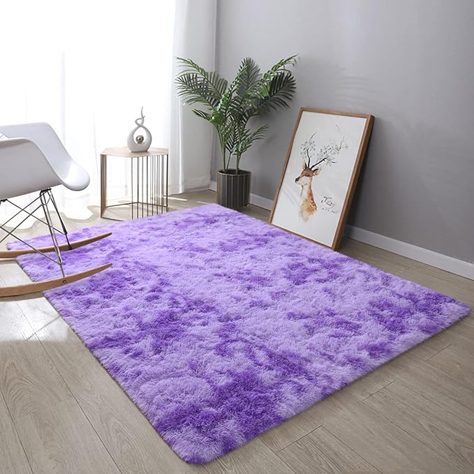 DweIke Fluffy Purple Shag Rugs for Bedroom Living Room, 6x9 Large Soft Plush Tie-Dyed Light Purple Girls Boys Kids Rug, Upgraded Non-Slip and Machine Washable Carpet for Dorm Nursery Classroom Decor