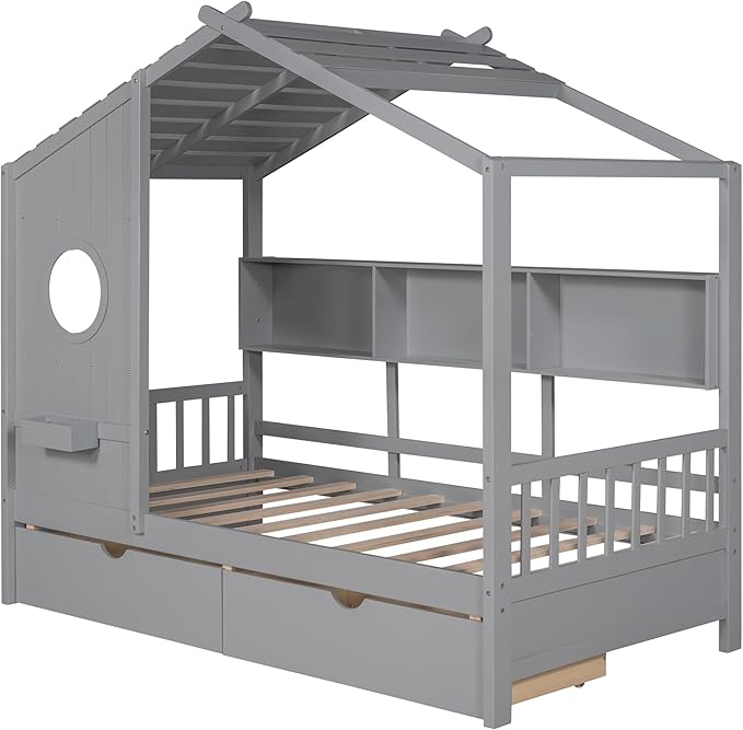 Modern Twin Size House Bed with Roof and Window, Wooden Daybed Frame with Shelves and 2 Drawers,Bedroom Furniture for Girls & Boys (Gray+2 Drawers/)